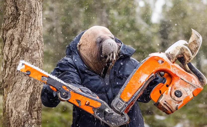 Image similar to walrus holding a chainsaw, extremely detailed, high quality, 8 k, nature photography,