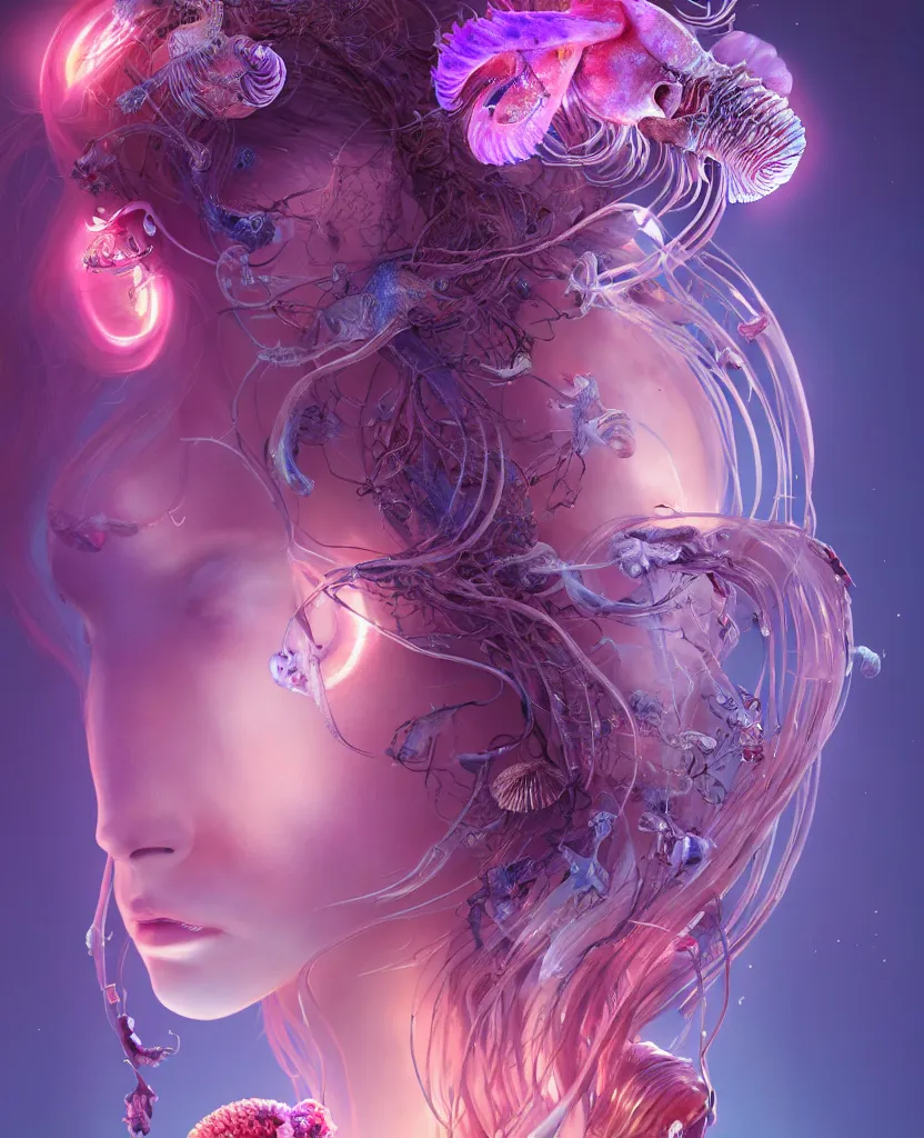 Prompt: goddess princess beautiful woman face close-up portrait ram skull. jellyfish phoenix head, nautilus, orchid, skull, betta fish, bioluminiscent creatures, intricate artwork by Tooth Wu and wlop and beeple. octane render, trending on artstation, greg rutkowski very coherent symmetrical artwork. cinematic, hyper realism, high detail, octane render, 8k