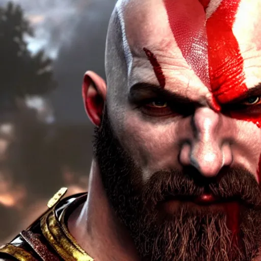 Image similar to Kratos from God of War 4 , 8k hyper-realistic