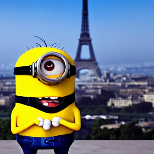 Image similar to a minion standing on the eiffel tower eating a lollipop