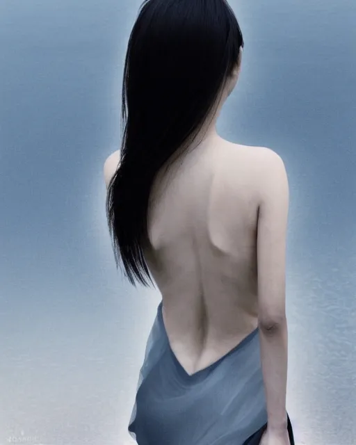 Prompt: closeup shot, flash long exposure of a back of asian woman fashion posing in the lake, minimal background, high fashion style, digital illustration by ruan jia, sharp focus, high details