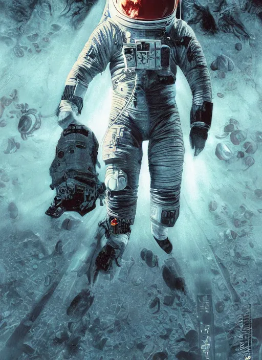 Image similar to astronaut in dark void underwater - complex and hyperdetailed technical suit design. reflection and dispersion materials. rays and dispersion of light. volumetric light. f / 3 2. noise film photo. flash photography. ultra realistic, 5 0 mm. poster by wayne barlowe, hajime sorayama aaron horkey, craig mullins