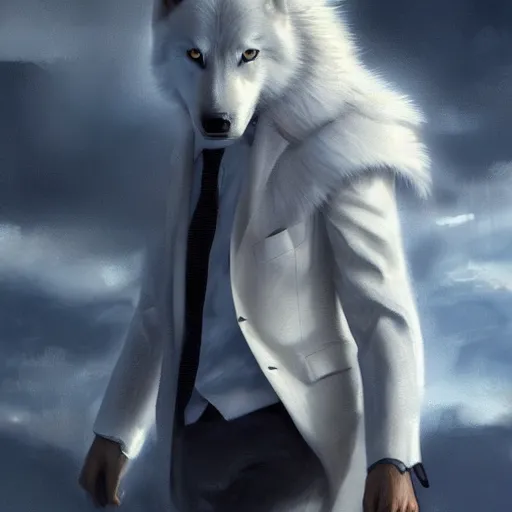 Image similar to a white wolf wearing a suit , dramatic lighting, cinematic, establishing shot, extremly high detail, photorealistic, cinematic lighting, artstation, style by James Gurney,