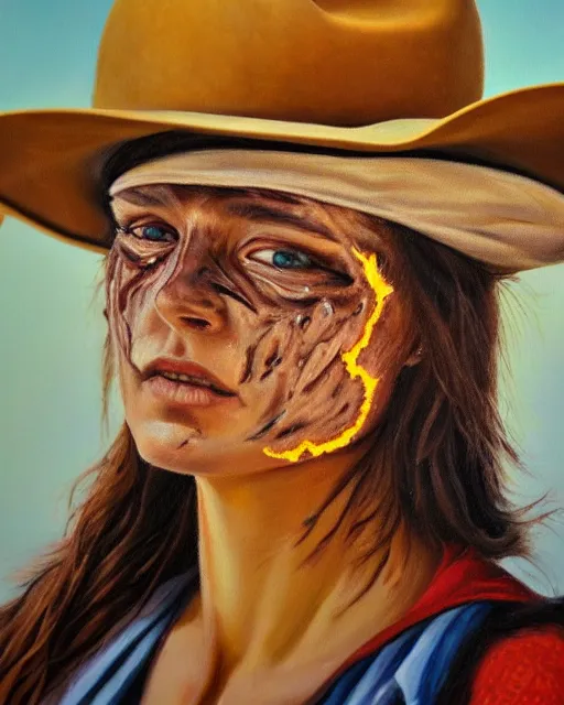 Image similar to oil painting portrait of cowgirl with burn scar exactly half of her face and one blind eye, golden ration, high production value, intricate details, high resolution, hdr, high definition, masterpiece, realistic, ultrarealistic, highly detailed, hd, sharp focus, non blurry, sharp, smooth