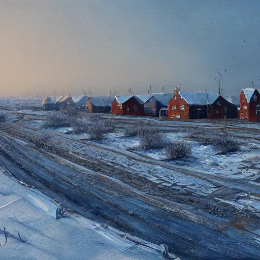 Image similar to an extremely detailed painting by cedric peyravernay of a large array of houses in a contested territory between the soviet union and america, snowy landscape, authoritarian vibes, extremely detailed, 4 k