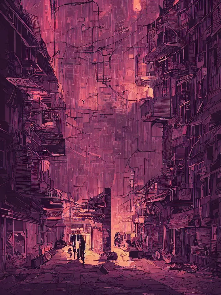 Image similar to a dark alley with abandoned buildings, a nightclub with neon signs, menacing skyline by olivier bonhomme, digital illustration