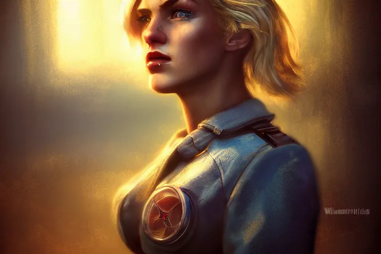 Image similar to fallout 5, charismatic beautiful rugged blonde female protagonist, portrait, outdoors european cityscape, atmospheric lighting, painted, intricate, volumetric lighting, beautiful, night time, autumn, overcast weather, foggy, sharp focus, deep colours, ultra detailed, art by william turner