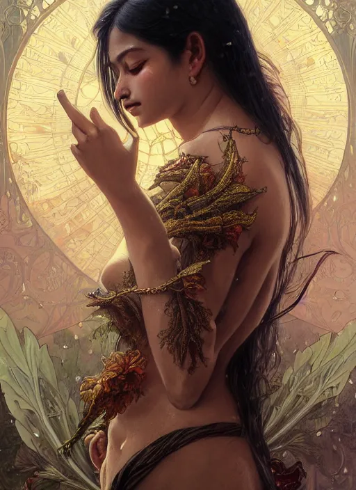 Image similar to kuntilanak on bayan tree, d & d, wet, shiny, fantasy, details face, details intricate, baroque, elegant, dramatically art, ultra definition, digital painting, artstation, concept art, smooth, sharp focus, illustration, art by artgerm and greg rutkowski and alphonse mucha and garis edelweiss and alex flores