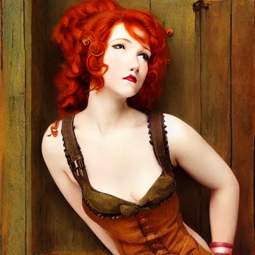 Image similar to a steampunk redhead girl, artwork by Norman Rockwell, cinematic view, high quality