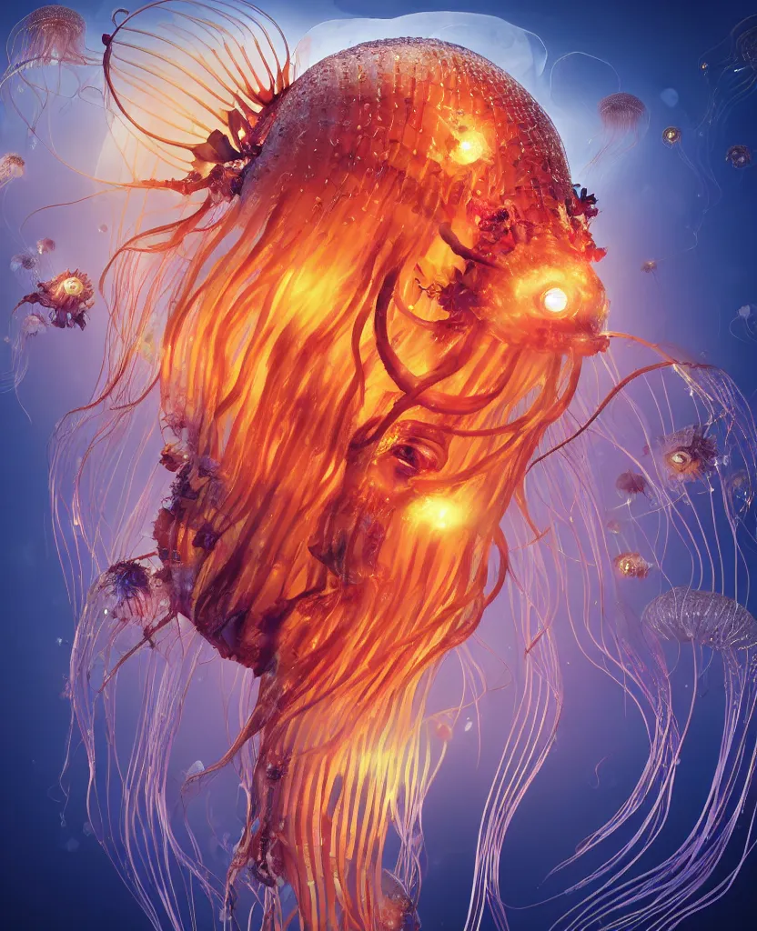 Image similar to close-up portrait of the face of a beautiful princess in a twisted flowers jellyfish mask in a spaceman suit surrounded by energy flow, epic angle and pose, symmetrical artwork, 3d with depth of field, blurred background, floating jellyfish skull phoenix bird, translucent, nautilus, energy flows of water and fire. a highly detailed epic cinematic concept art CG render. made in Maya, Blender and Photoshop, octane render, excellent composition, cinematic dystopian brutalist atmosphere, dynamic dramatic cinematic lighting, aesthetic, very inspirational, arthouse. y Greg Rutkowski, Ilya Kuvshinov, WLOP, Stanley Artgerm Lau, Ruan Jia and Fenghua Zhong