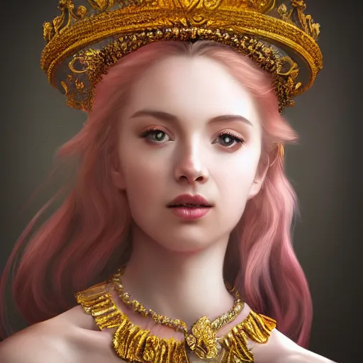 Image similar to a portrait of a beautiful girl with crown,inspired by Baroque and Rococo,hint of gold ,bright colours,hyper realistic,photo real ,matte painting, concept art, hdri, 4k -