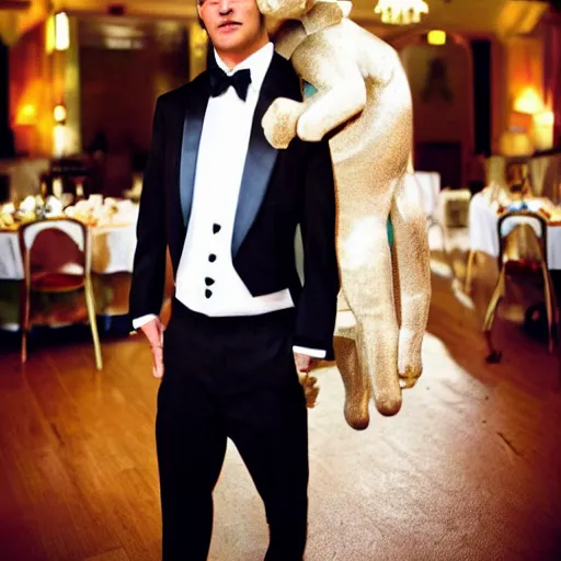 Prompt: a photo of an anthro male lion wearing a tuxedo in a ballroom