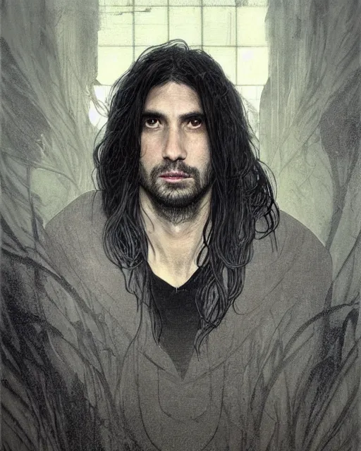 Image similar to portrait of tall, tired 3 3 - year - old handsome man with long black hair, grey eyes, wearing black clothes, hyper realistic face, beautiful eyes, close up, fantasy art, in the style of greg rutkowski, intricate, alphonse mucha, hyper detailed, smooth