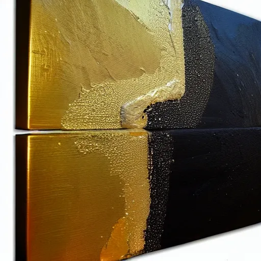 Image similar to a pour painting on canvas, gold black silver colors, abstract, thick paint, glossy, resin coated