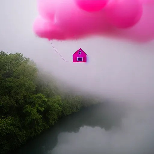 Prompt: dream a 5 0 mm lens photograph of a cute pink floating modern house, floating in the air between clouds, inspired by the movie up, held up from above by heart ballons. mist, playful composition canon, nikon, award winning, photo of the year