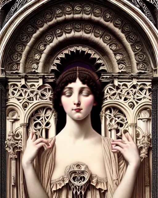 Image similar to hyperrealistic detailed portrait of a beautiful young goddess morphing into a gothic cathedral, authentic ornamental architecture, art by ernst haeckel, john william godward, android jones, h. r. giger, gothic, neo - gothic, heavily ornamental,