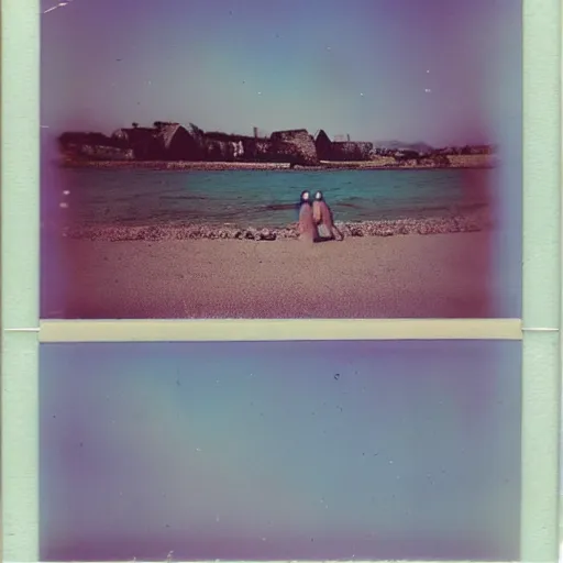 Image similar to a pastel colour Polaroid photo from a holiday album at a seaside, all objects made of transparent iridescent Perspex no people, nostalgic