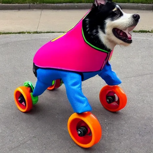 Image similar to “dog wearing brightly colored rolling skates”