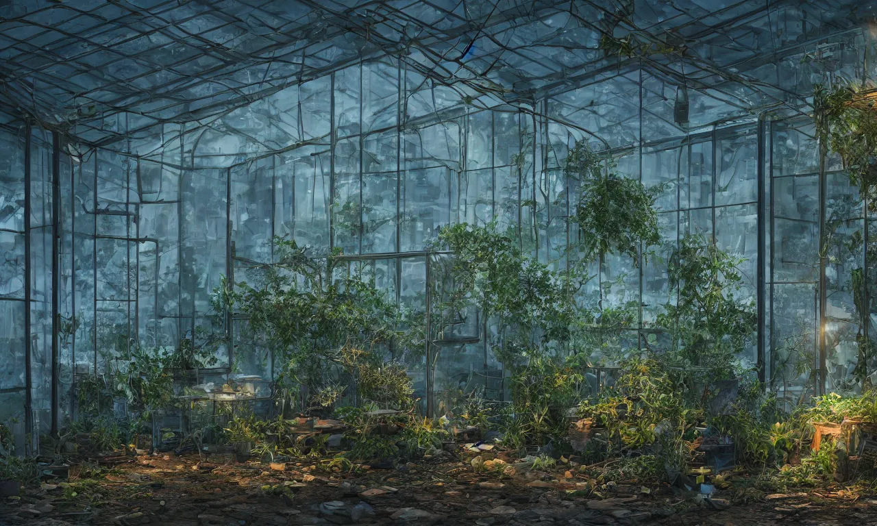 Prompt: broken greenhouse with dead plants at night time, table in the center, artstation, wallpaper, dark blue volumetric light.