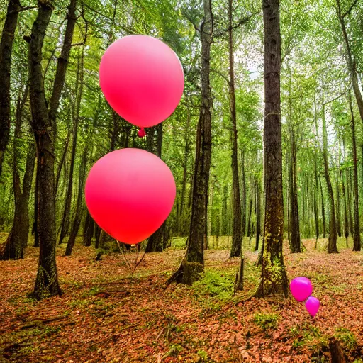 Image similar to An abandoned forest with colorful balloons, (Sony a7R IV, symmetric balance, polarizing filter, Photolab, Lightroom, 4K, Dolby Vision, Photography Award)