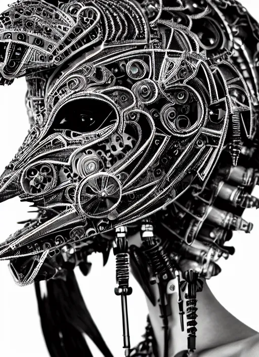 Image similar to a stunning young female crow mixed cyborg profile face, face is made intricate tribal bio - mechanical, editorial photography, bw, shot on 7 0 mm, depth of field, f / 2. 8, high contrast, 1 6 k, volumetric lighting, shiny, insanely detailed and intricate, hypermaximalist, elegant, ornate, hyper realistic, super detailed