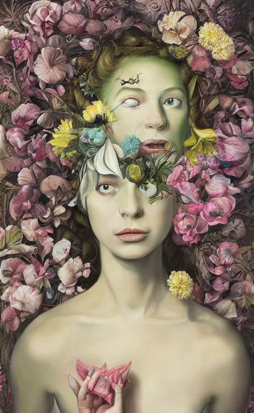 Prompt: a painting of a young woman with a head made of flowers, a surrealist painting by Marco Mazzoni and Dorothea Tanning cgsociety, neo-figurative, detailed painting, rococo, oil on canvas, seapunk, lovecraftian