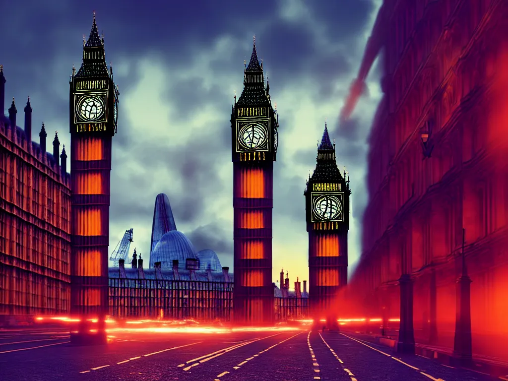 Image similar to a giant ancient beautiful cyborg of the elder gods with pipes and tubes in the city of London, London streets with bigben in the background, colourful, dramatic lighting, golden hour, very detailed octane render very realistic beautiful