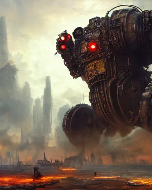 Image similar to oil painting of Steampunk King Kong Robot smashing buildings, sharp focus, fantasy style, steampunk city background, octane render, volumetric lighting, 8k high definition, by greg rutkowski, highly detailed, trending on art Station, magic the gathering artwork, centered, dramatic artwork, combat scene