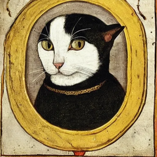 Prompt: medieval portrait of a black and white cat dressed as a knight, in the style of eugene de blaas