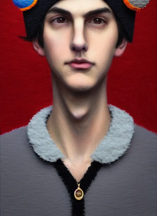 Image similar to portrait of teenage jughead jones wearing a light grey crown, photorealistic, crown made of felt fabric, crown, crown made of felt, black hair, intricate, elegant, highly detailed, digital painting, glowing lights, artstation, concept art, smooth, sharp focus, illustration, art by wlop, mars ravelo and greg rutkowski