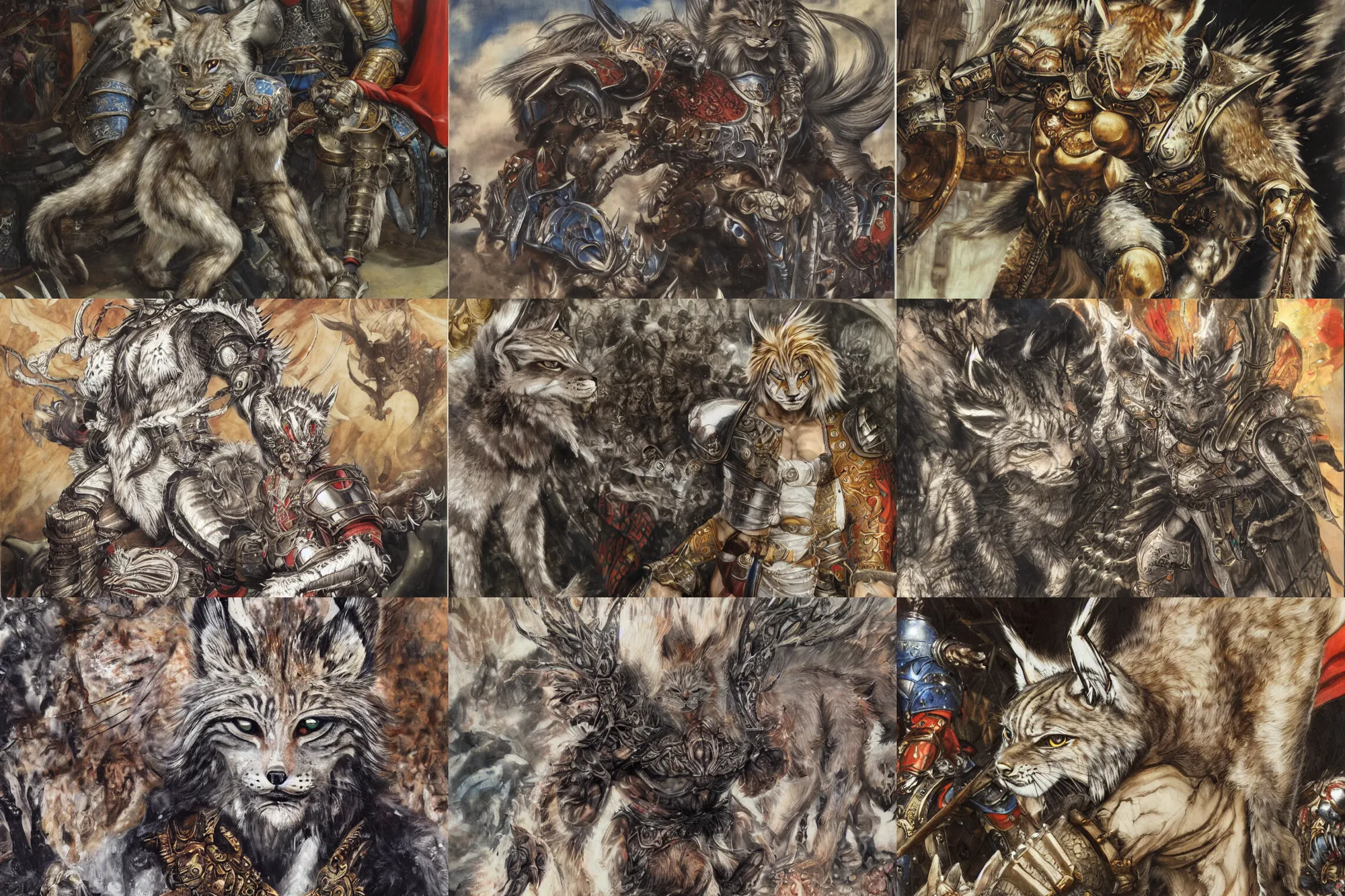 Image similar to 8k Yoshitaka Amano painting of upper body of a young cool looking lynx beast-man with white mane at a medieval market at windy day. Depth of field. He is wearing complex fantasy armors. He has huge paws. Renaissance style lighting.