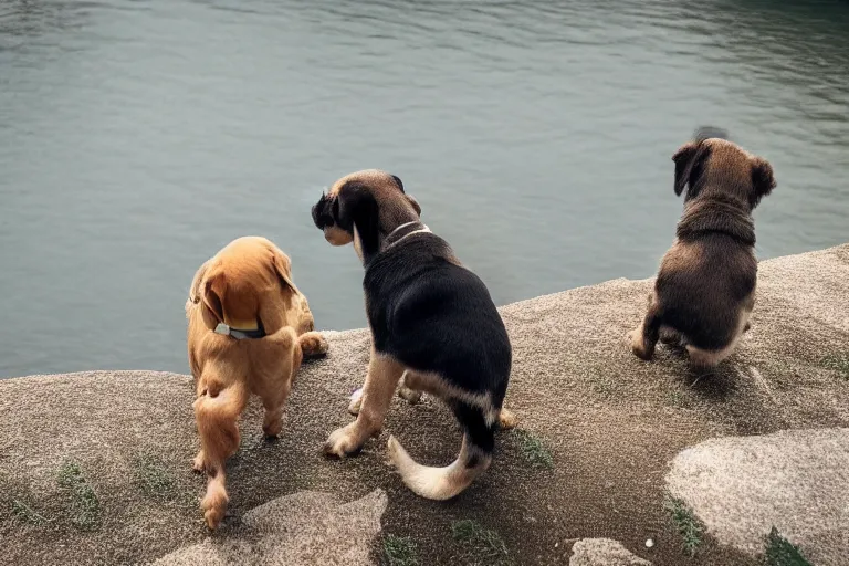 Image similar to a puppy is looking directly at the water below them while they stand at an edge