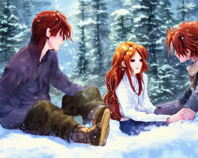 Image similar to a boy and a girl with long flowing auburn hair sitting together on the porch of a cabin on a mountain overlooking a snowy forest. Atmospheric lighting, long shot, romantic, boy and girl are the focus, cold lighting, snowy. Anime. By Makoto Shinkai, Stanley Artgerm Lau, WLOP, Rossdraws, James Jean, Andrei Riabovitchev, Marc Simonetti, krenz cushart, Sakimichan, D&D trending on ArtStation, digital art.