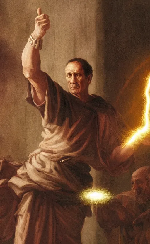 Image similar to Julius Caesar casting an electricity spell. Digital art trending on artstation. 4k. Tyndall effect.