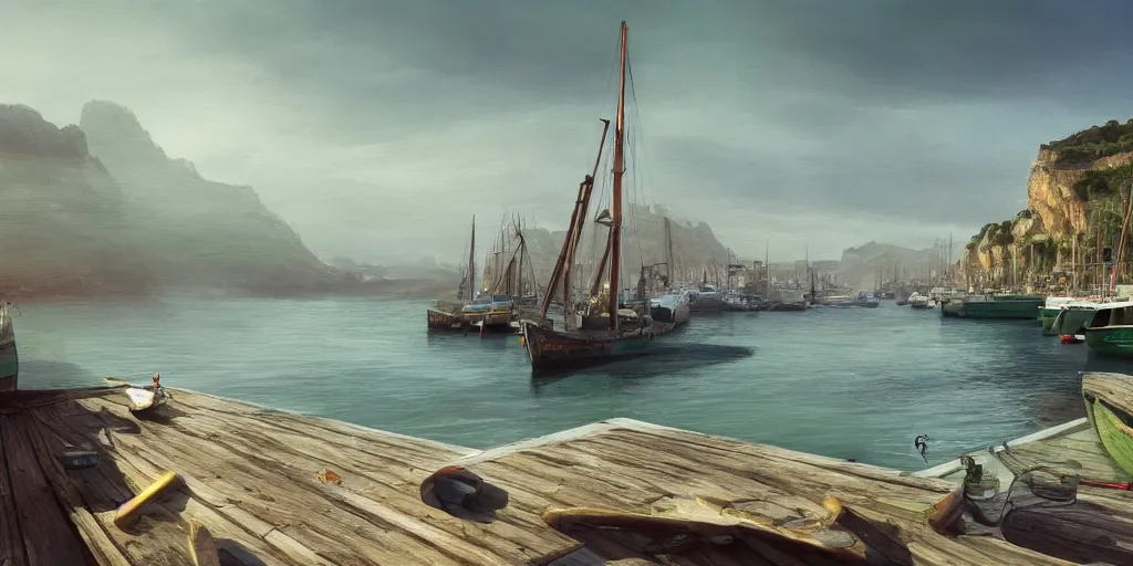 Image similar to wood dock, green car on dock, big fishing boat next to the dock with waving sailors. low angle, sunrise, a mediterranean phoenician fishing village in the distance, chalk cliffs above, highly detailed, digital painting, artstation, concept art, sharp focus, illustration, art by artgerm and raphael lacoste and magali villeneuve