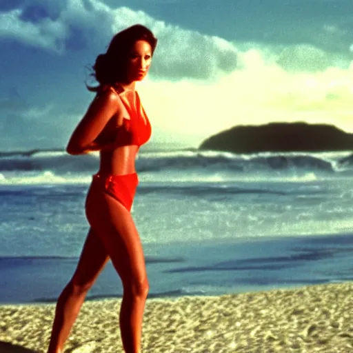 Prompt: bond girl walking at beach, photo, Hollywood movie