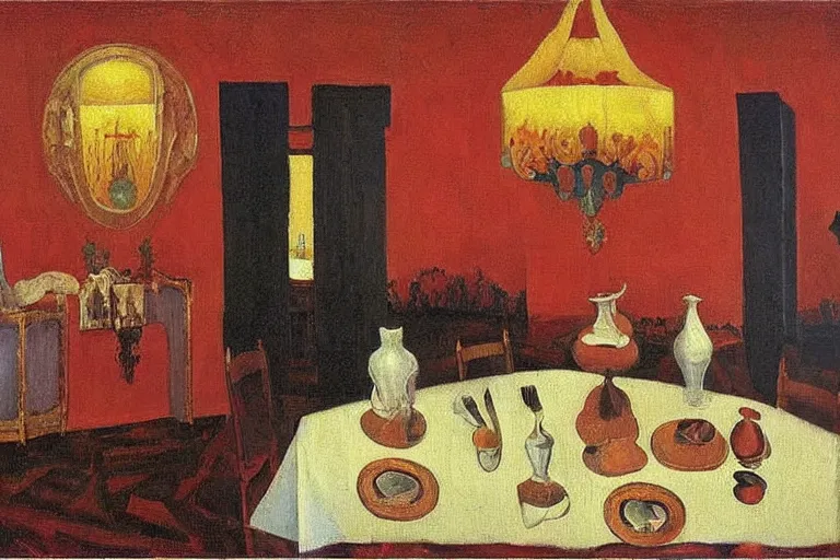 Prompt: A oil painting of a french red dinner room, with silver cutlery by Nicholas Roerich, by Georgia o Keeffe, by Gustave Moreau