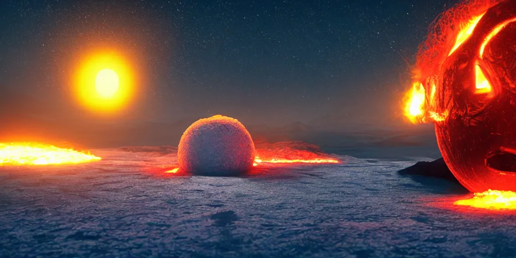 Image similar to a melted glowing snowman melting on top of the sun. the ground is made of fire and lava and is glowing orange. cinematic, dramatic, epic, volumetric lighting, atmospheric, red, orange extremely coherent, masterpiece, highly detailed, trending on artstation, 8 k, space, warm, solar flare, blade runner 2 0 4 9