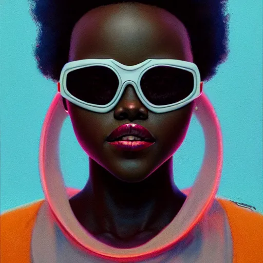 Image similar to Lupita Nyongo wearing opaque reflective goggles profile picture by Greg Rutkowski, brown skin, long afro hair, asymmetrical, futuristic, volumetric lights, cool colors, streetwear, studio ghibli, Organic Painting , Matte Painting, geometric shapes, hard edges, street art, trending on the artstation, fantasy LUT, realistic by Sachin Teng + Martin Grip + Moebius, techwear, Industrial Scifi, detailed illustration, character portrait,