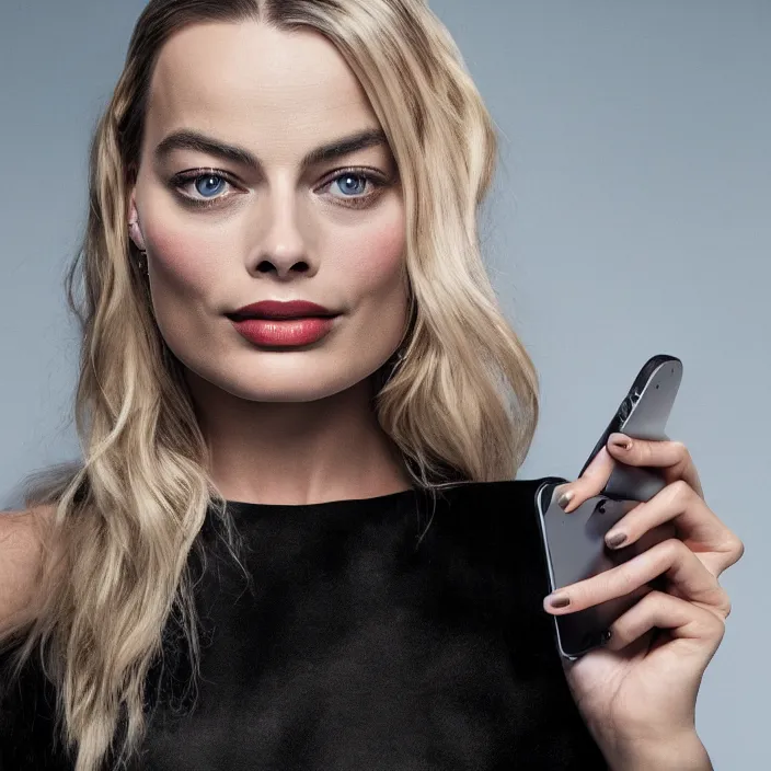 Image similar to margot robbie, holding iphone. very coherent symmetrical artwork. cinematic, high detail, octane render, 8 k, iridescent accents