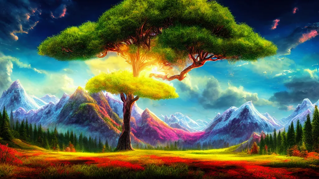 Prompt: a photorealistic portrait, stunningly beautiful colorful fantasy landscape, professionally retouched, soft lighting, hyper realistic, big mountains, trees, trees in foreground, beautifully colorful detailed sky, big sun, wide angle, sharp focus, 8 k high definition, 6 4 megapixels, insanely detailed, stunningly beautiful