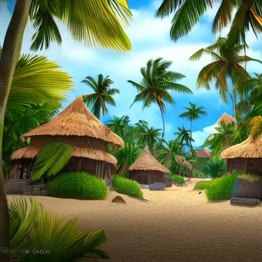 Image similar to a village on a tropical island, very colorful, beach, palms, photorealistic, trending on artstation