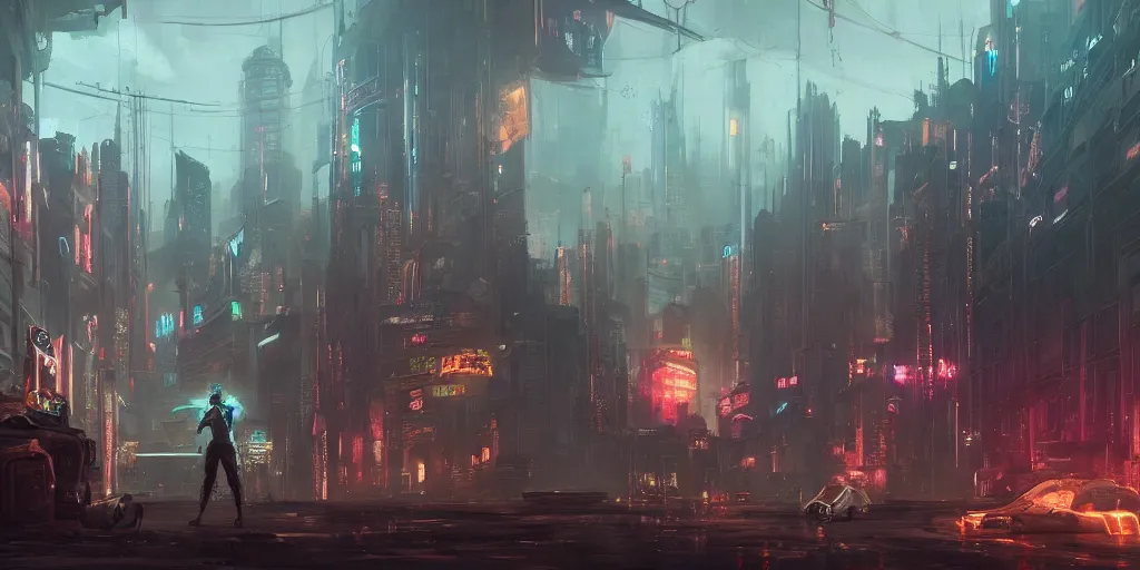 Prompt: a painting of a cinematic keyframe of a cyberpunk dystopian city, arcane league of legends like, by greg rutkowski, rule of thirds, golden ratio, ambient lighting, wlop, artgerm, artstation, highly detailed masterpiece, dark fantasy art, high detail, trending on artstation