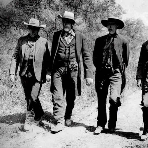 Prompt: a platinotype photo of three men from the old west going to an old burial ground to exhume it from a terrorizing creature which is terrorizing a tribe