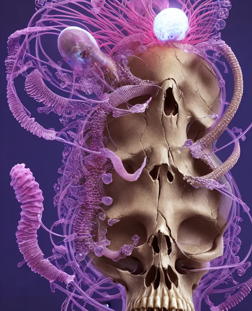 Image similar to goddess close-up portrait ram skull, skeleton, thorax, x-ray, backbone, jellyfish phoenix head, nautilus, orchid, skull, betta fish, bioluminiscent creatures, intricate artwork by Tooth Wu and wlop and beeple. octane render, trending on artstation, greg rutkowski very coherent symmetrical artwork. cinematic, hyper realism, high detail, octane render, 8k