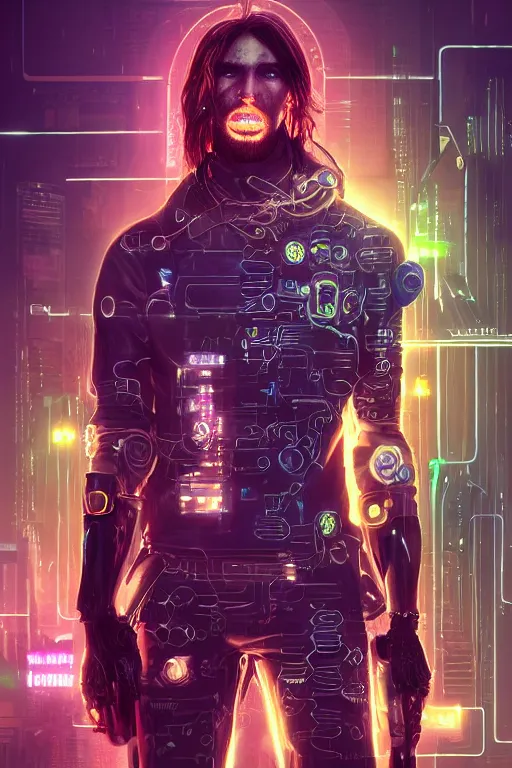 Prompt: a full body illustration of an male cyberpunk character wearing bionic implants, criminal mugshot, long hair, bearded, highly detailed, oil on canvas, soft lighting, neon pastel colors, by WLOP and Greg Staples, HD, 4K