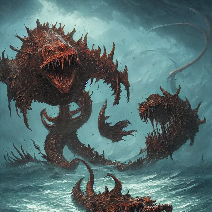 Image similar to sea monster large horror under the ocean d & d, d & d style, trending on artstation, intricate, highly detailed, vivid painting, colorful, art by greg rutkowski