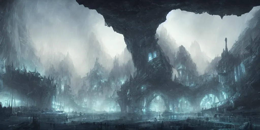 Prompt: a fantasy city built within a vast cave, sleek glass buildings, elegant bridges between layers, illustration, raining, dark and moody lighting, digital art, oil painting, cold blue tones, fantasy, 8 k, trending on artstation, detailed