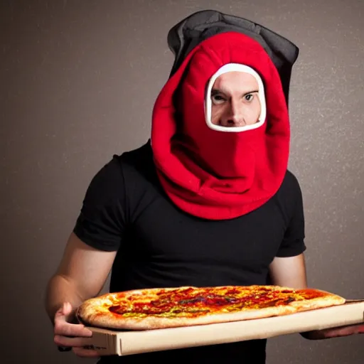 Image similar to Stock photo of a human burglar wearing a ski mask using a pizza box like a laptop, funny, bizzare