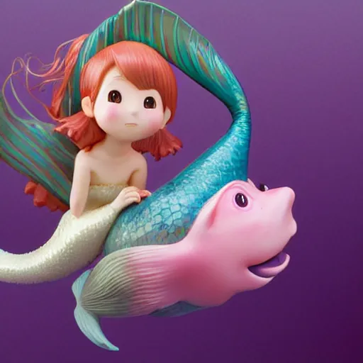 Prompt: Manga cover illustration of an extremely cute and adorable beautiful happy mermaid girl riding on top of a large one-eyed fish, 3d render diorama by Hayao Miyazaki, official Studio Ghibli still, color graflex macro photograph, DAZ Studio 3D